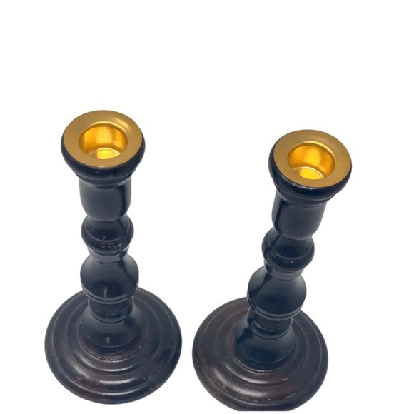 Vtg Wooden Brown Candle Sticks Early American Farmhouse Rustic Primitive Simple - Picture 2 of 5